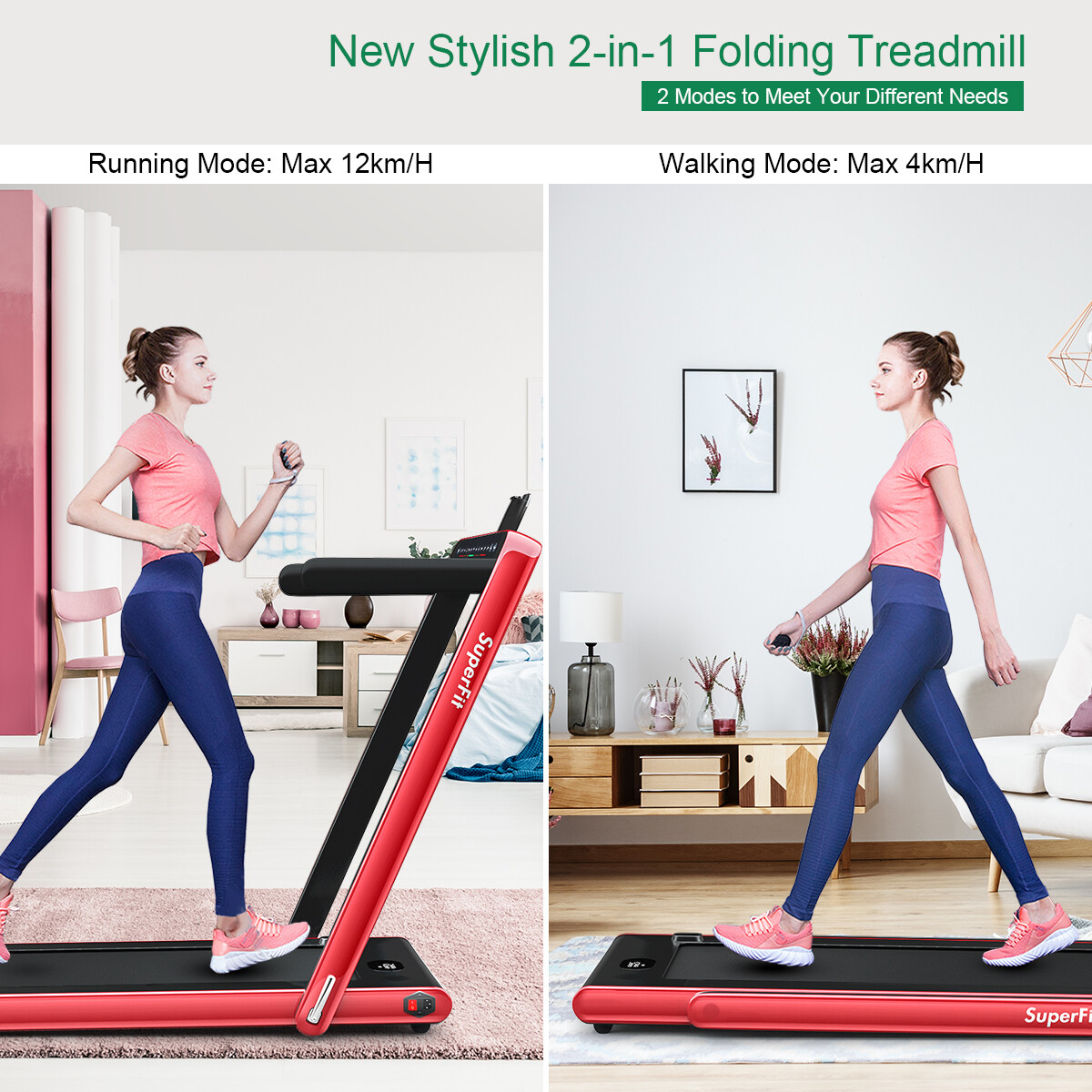 2 in 1 Folding Treadmill 2.25HP Running Machine w/ Dual Display Red