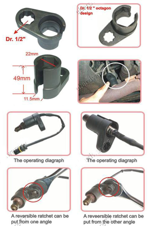 22mm (7/8") 1/2" Drive Oxygen Sensor Offset Removal Socket Tool