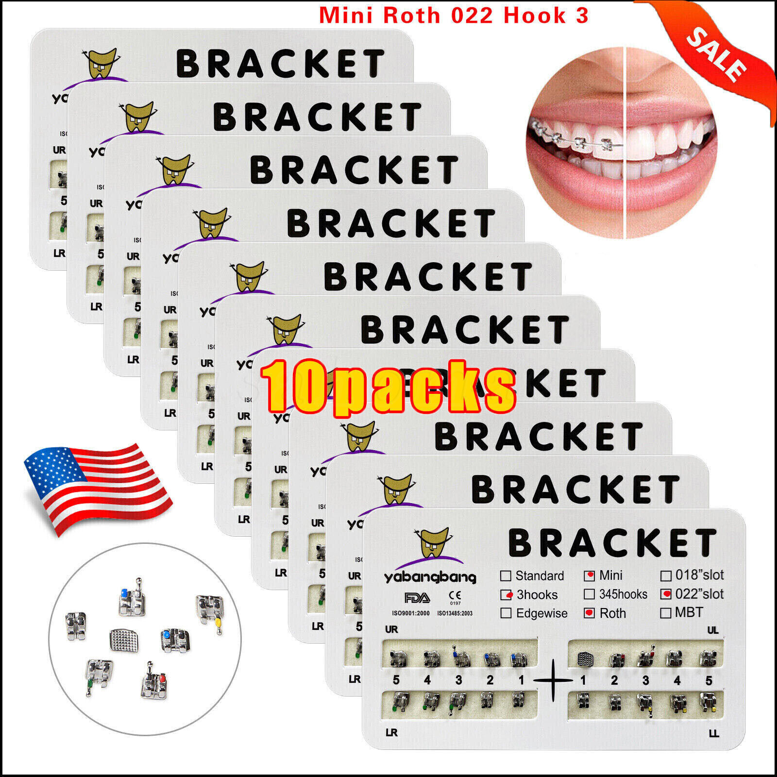 10 Packs Dental Orthodontic Brackets Braces Mini Roth 022 Slot 3 hooks #3 USA CE