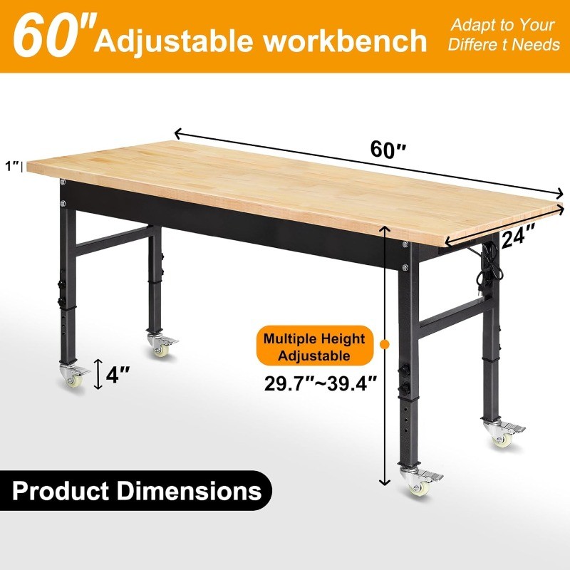 60" Adjustable Work Bench Rubber Wood Top Workbench Heavy-Duty Work Table