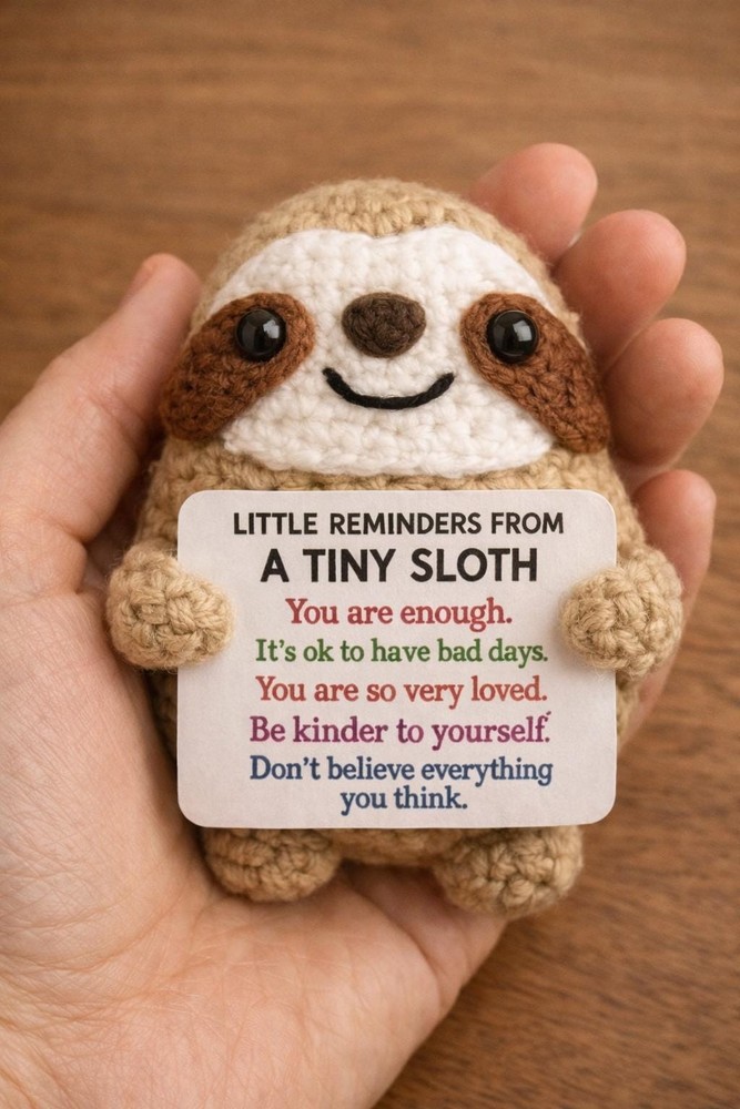 Tiny Sloth Positive Affirmation Plush • Cute Desk Decor • Pocket Reminder