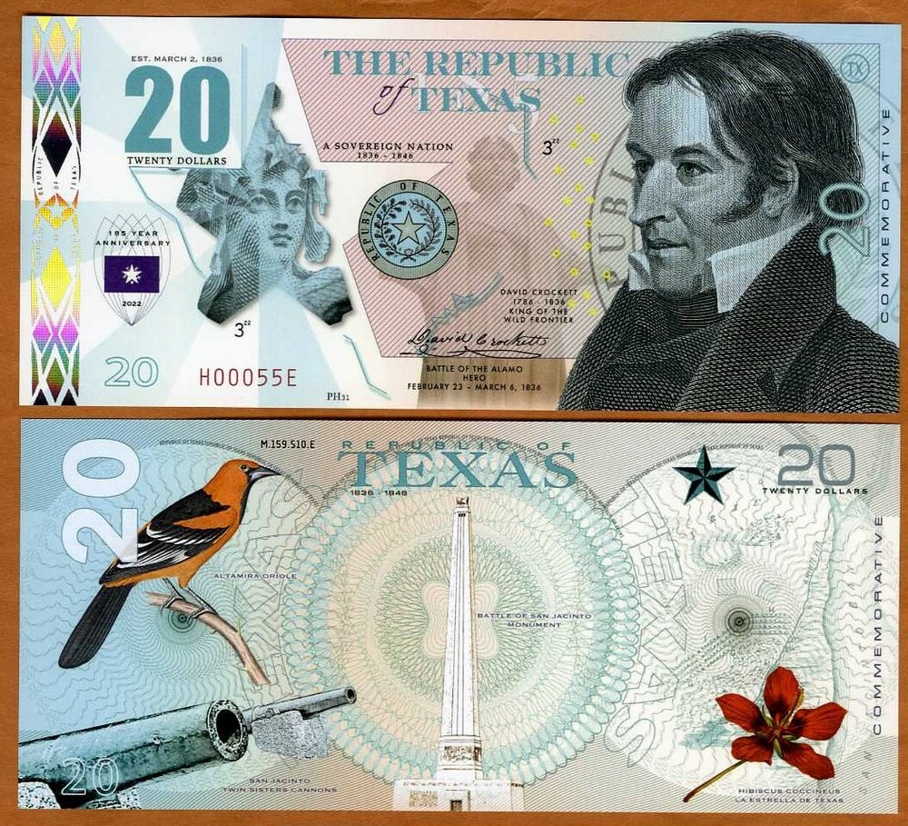 Republic of Texas, $20, Polymer, 2022, UNC David Crockett