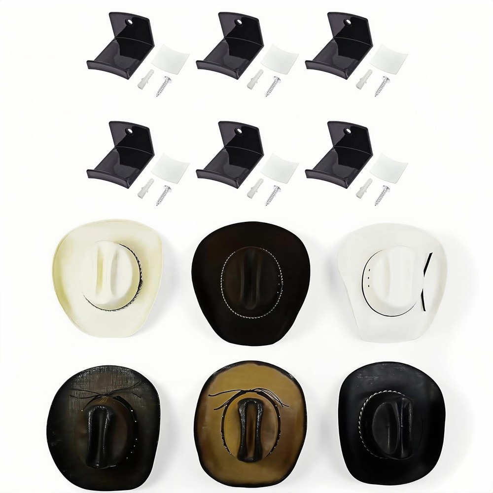 6 Pack Adhesive Hat Hooks for Wall, Cowboy Hat Rack, 2 Installation Methods o...