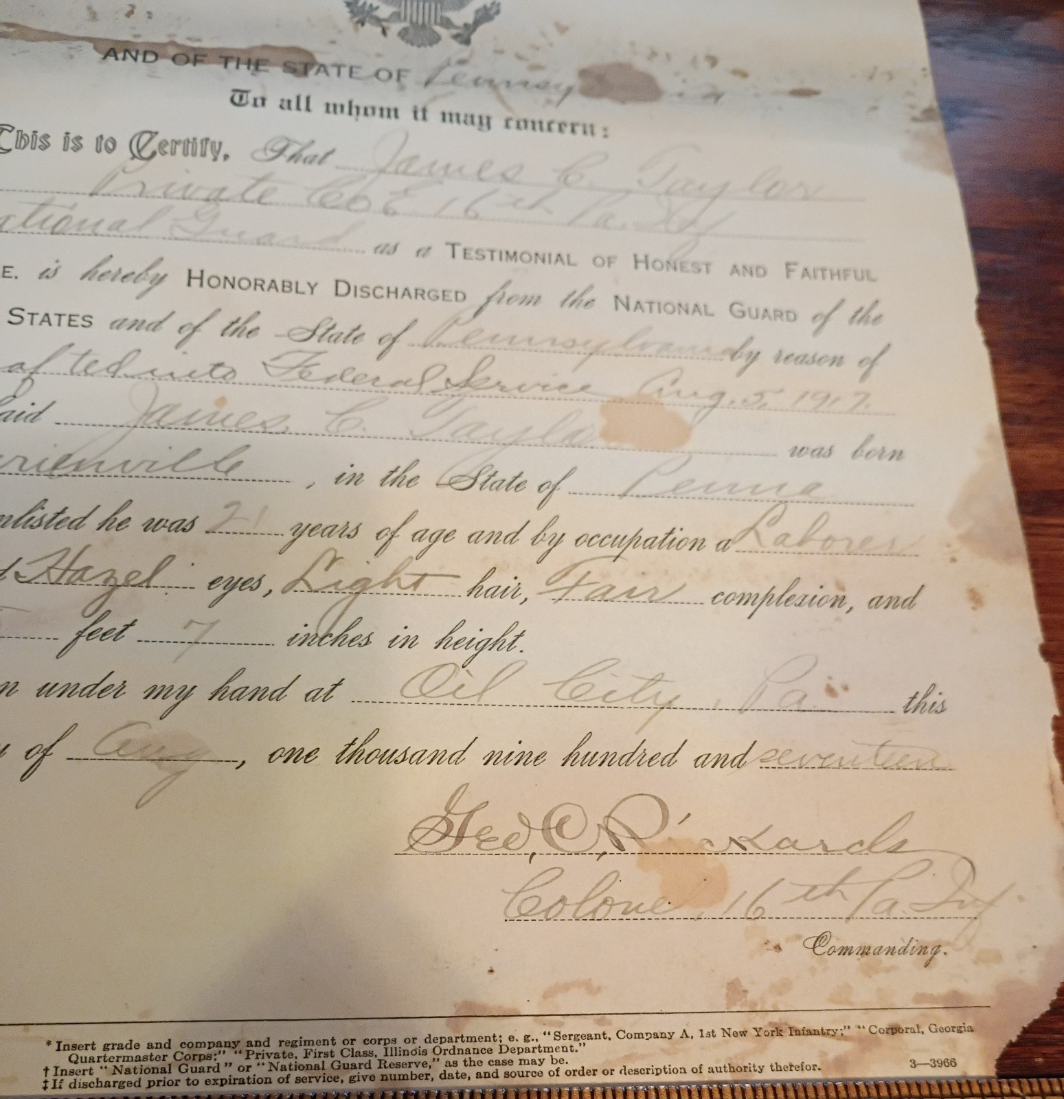 1917 US Army National Guard Honorable Discharge Certificate Marienville PA