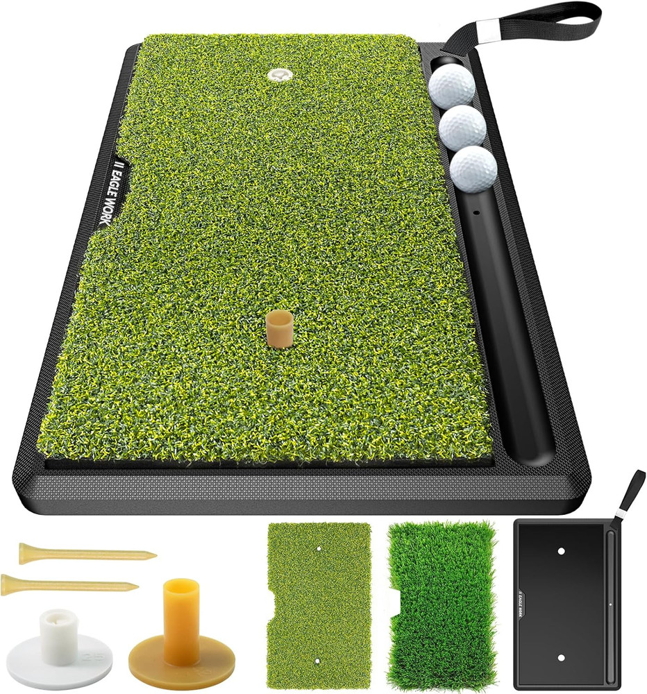 2-In-1 Golf Hitting Mat with Replaceable Turf, Ball Tray and Durable Rubber Base