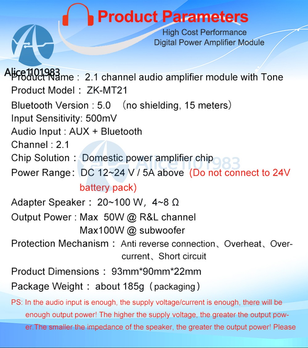 ZK-MT21 2.1Channel Bluetooth Audio Power Amplifier Board Subwoofer 50W*2+100W US