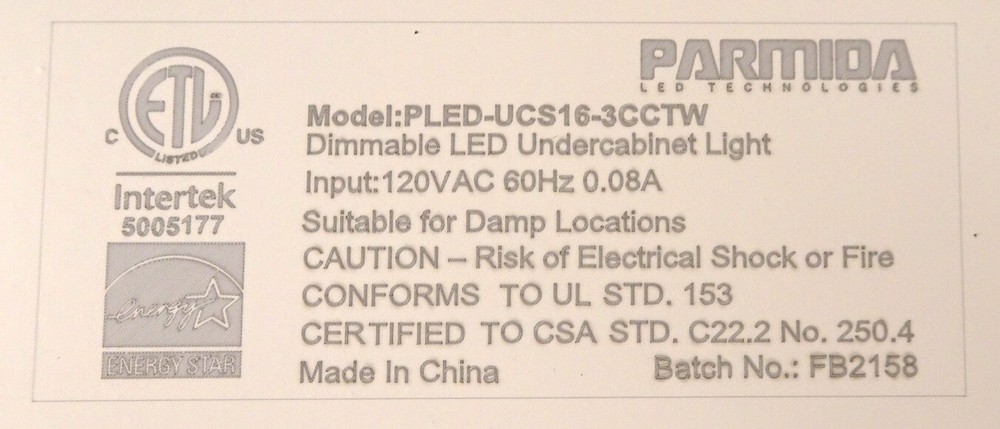 Parmida 16" Dimmable LED Under Cabinet Light With Adjustable Lens Angle, NEW