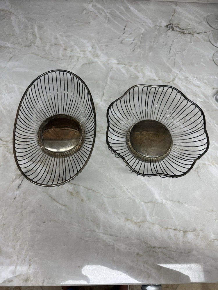 2 Vtg Silver Round Wire Bread Fruit Basket Flower Shape Retro MCM