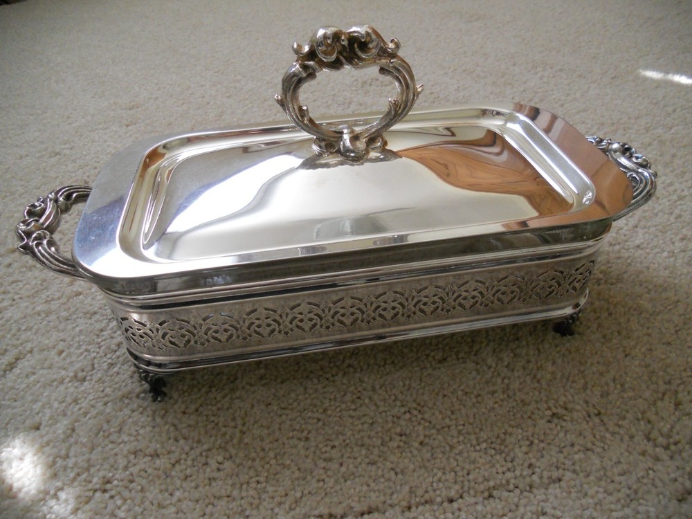 Silverplate Rectangular Platter Tray with Lid and 1.5 Qt Pyrex Glass Insert