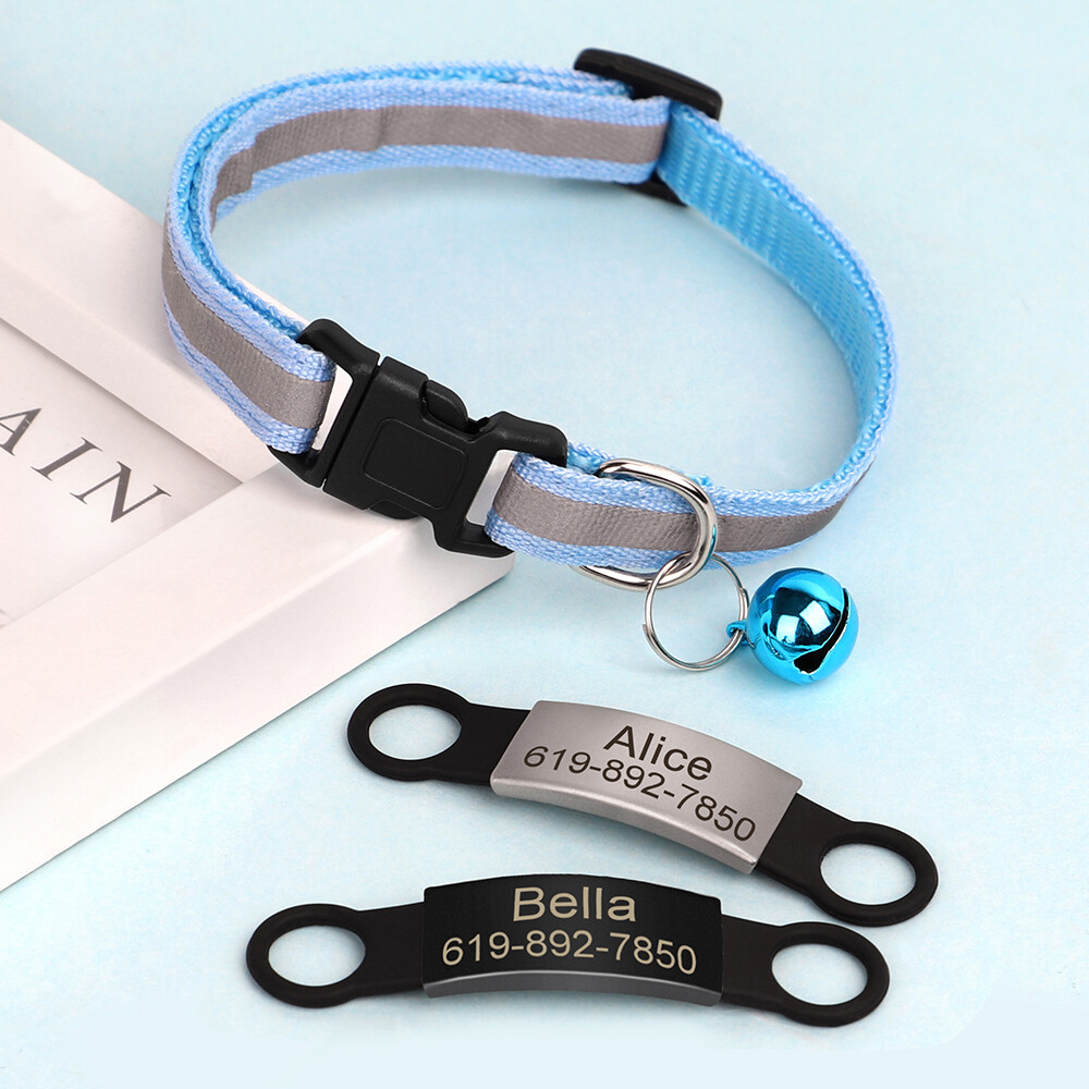 Reflective Personalized Kitten Cat Collar + Bell Engraved Name ID Tag Adjustable