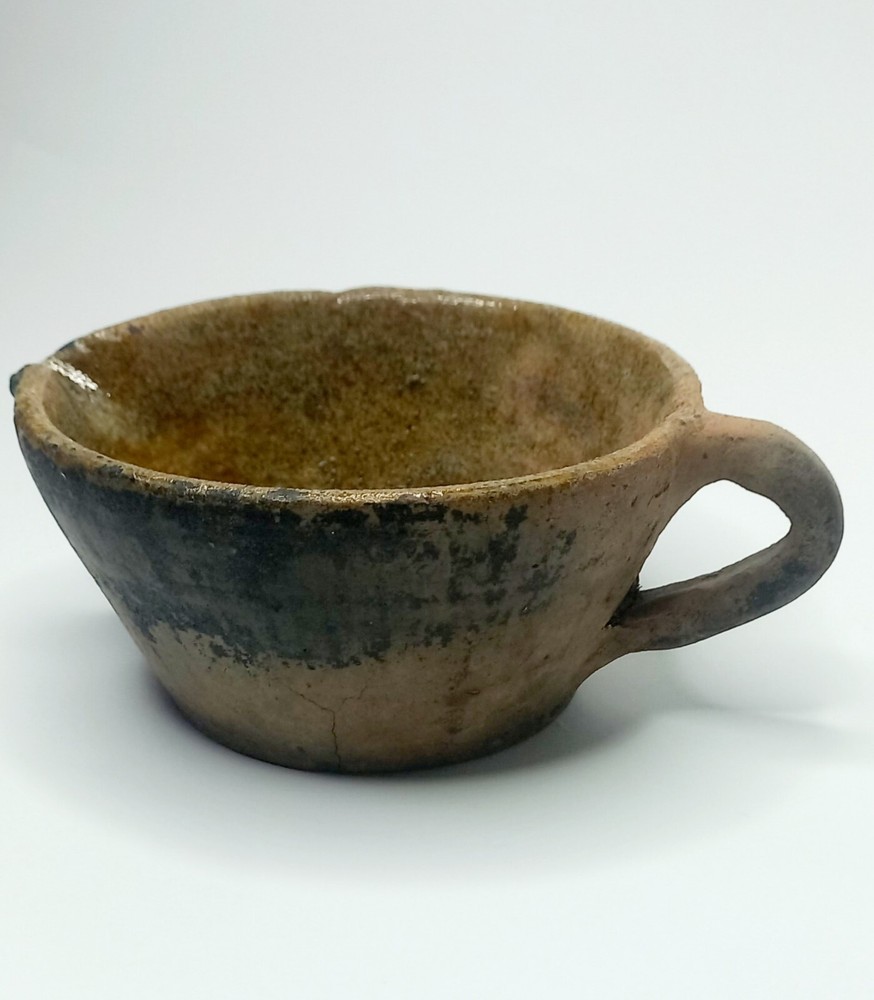 Antique clay cup with handle and spout - Handmade ceramic tableware.