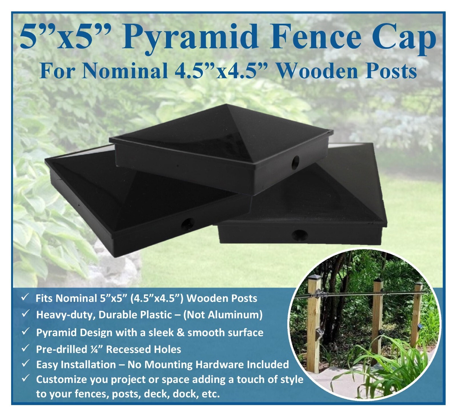 Plastic Pyramid 5x5 Nominal (4-1/2"x4-1/2") Fence Post Cap with Pre-Drilled Hole