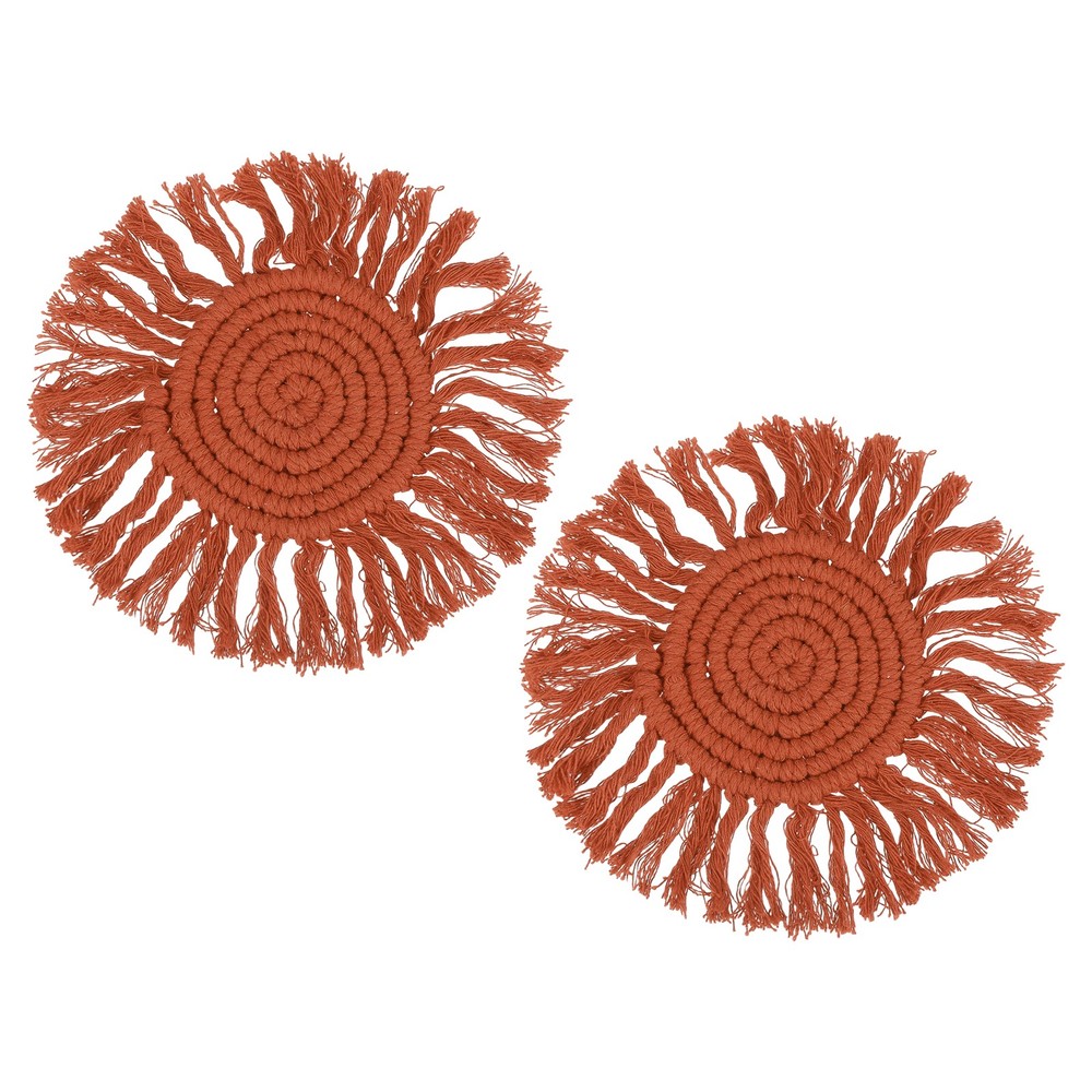 2Pcs Boho Coasters, Woven Drink Coasters with Tassel, Brick Red