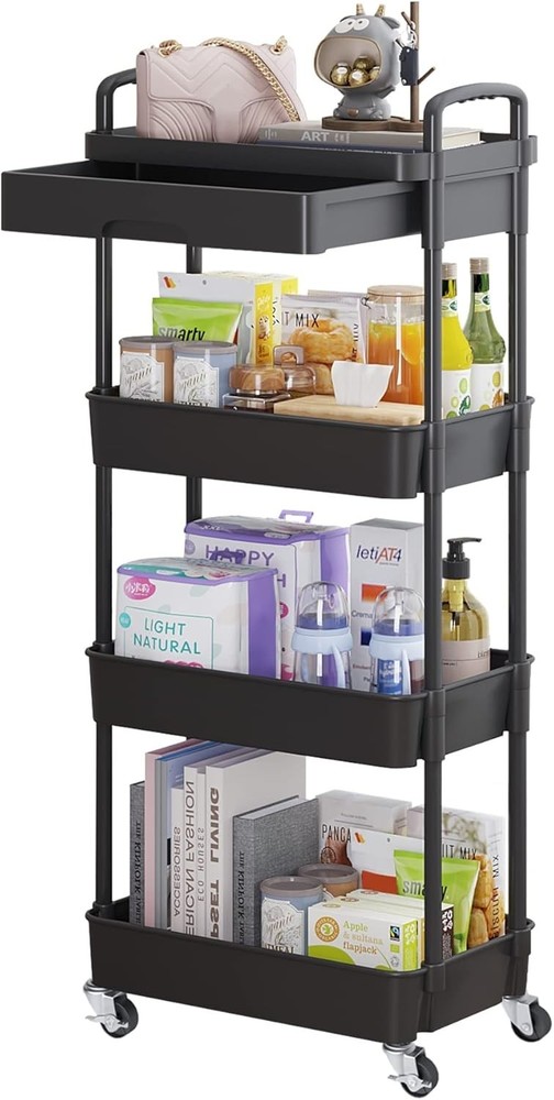 Adjustable 4-Tier Rolling Cart - Effortless Storage Solution with Chic Design