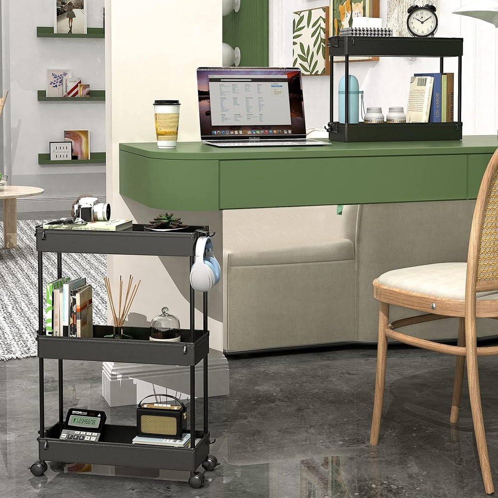 Slim Rolling Storage Cart, 3-Tier, Black, Multifunctional