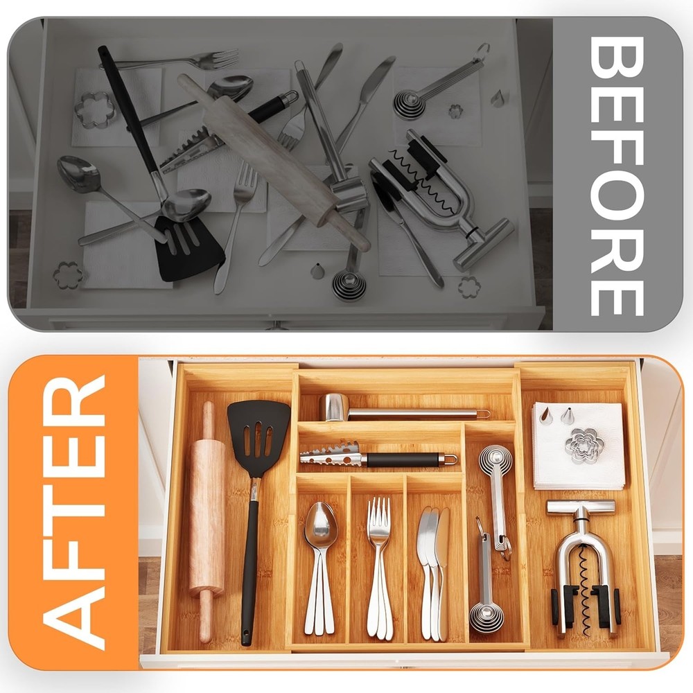 Elegant Bamboo Silverware Organizer - 3" Deep, 8-Cmp Multi-Functional Design