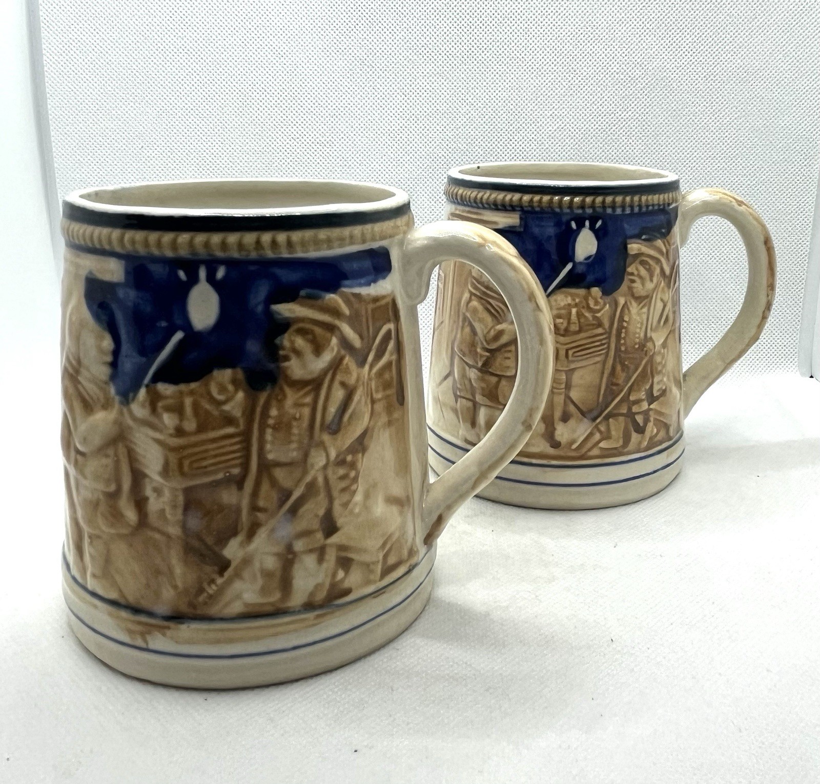 Vintage Ceramic Beer Mugs Cobalt Blue 2 Men In Tavern Scene & Wheat Japan 4”