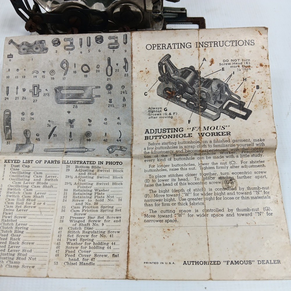 FAMOUS BUTTONHOLE WORKER ORIGINAL BOX With Instructions & Chisel Handle