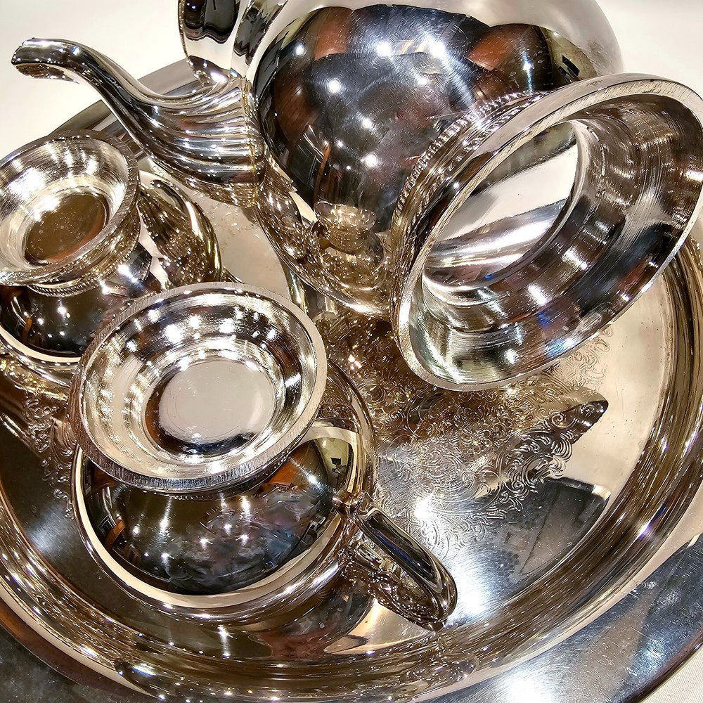 Reed & Barton S2600 Silver Plate Coffee Pot Creamer Sugar Bowl Lid Set with Tray
