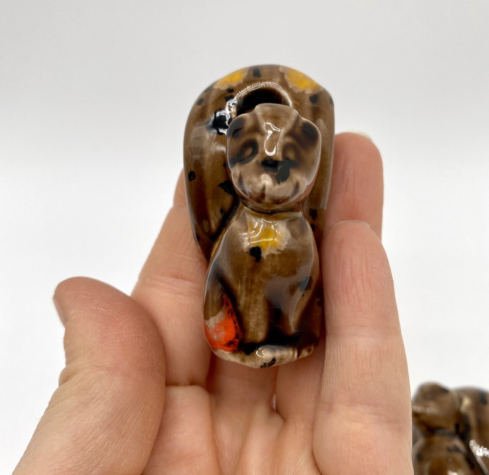 Set 3 Vintage MCM Speckled Glazed Ceramic Squirrel Macrame Beads Signed Craft