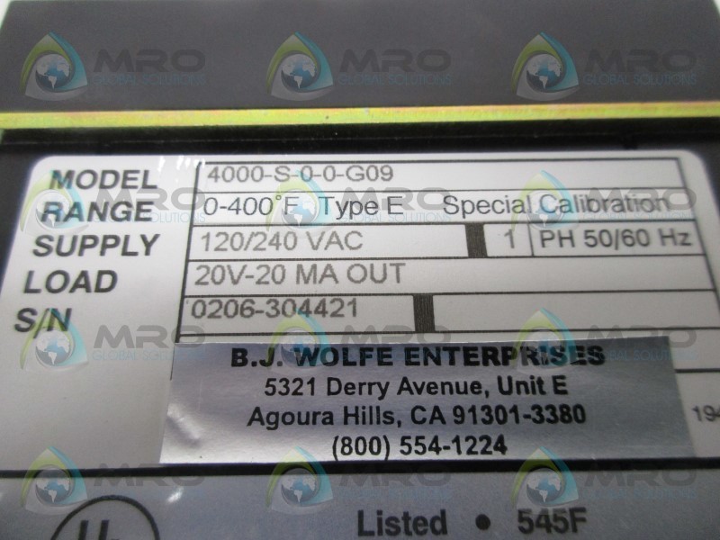 BJ WOLFE 4000-S-0-0-G09 TEMPERATURE CONTROLLER NSMP
