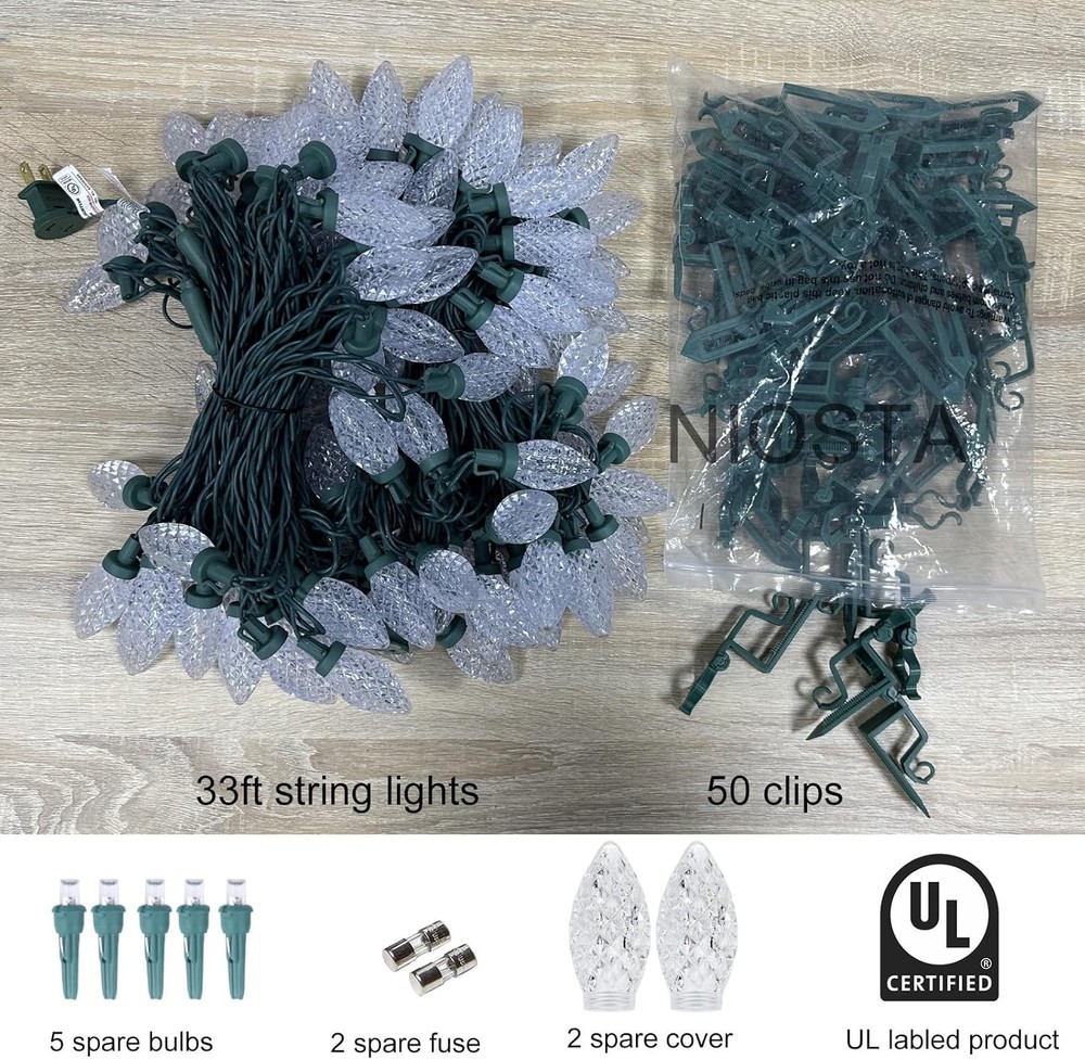 C9 LED Christmas String Lights, Quick Shingle Gutter Clips, 33 Ft End to End Con