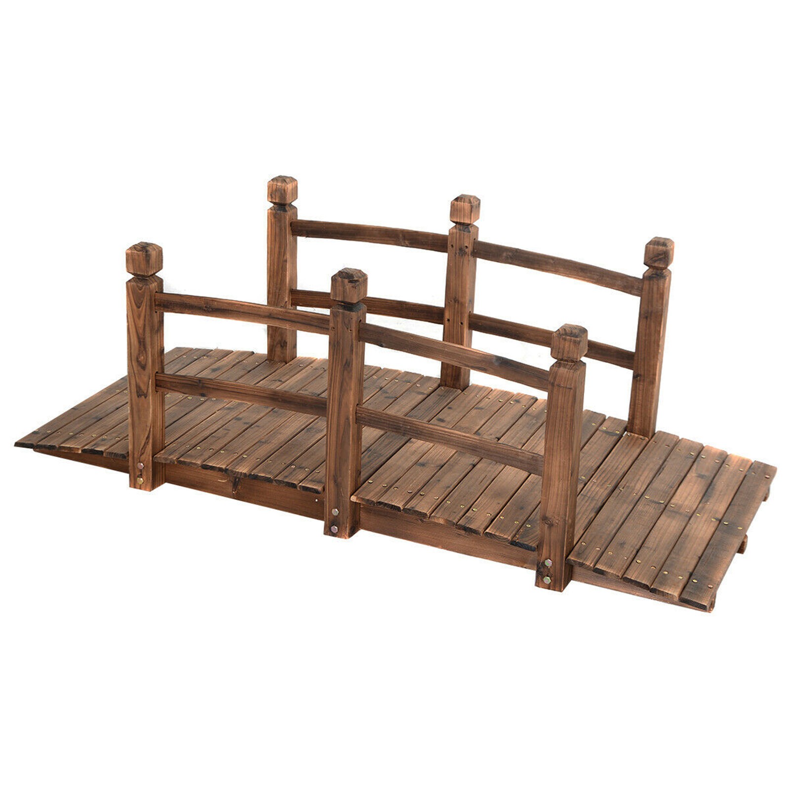 5Ft Garden Wooden Bridge Decoration Backyard Pond w/ Safety Rails Brown