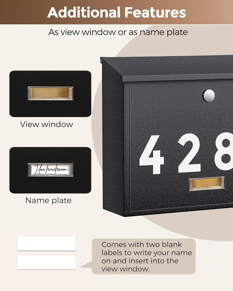 Locking Wall-Mount Mailbox for Outside, with 4 Keys, Galvanized Steel Rustproof