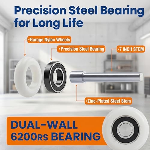 Set Spark 10 Pack 7" Stem 2" Sealed Nylon Garage Door Rollers, Ultra Quiet &
