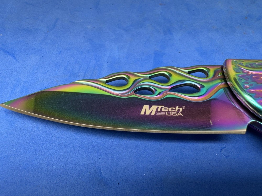 MTECH Assisted Opening Pocket Knife Rainbow Flame Cutout Fire Pattern Blade EDC