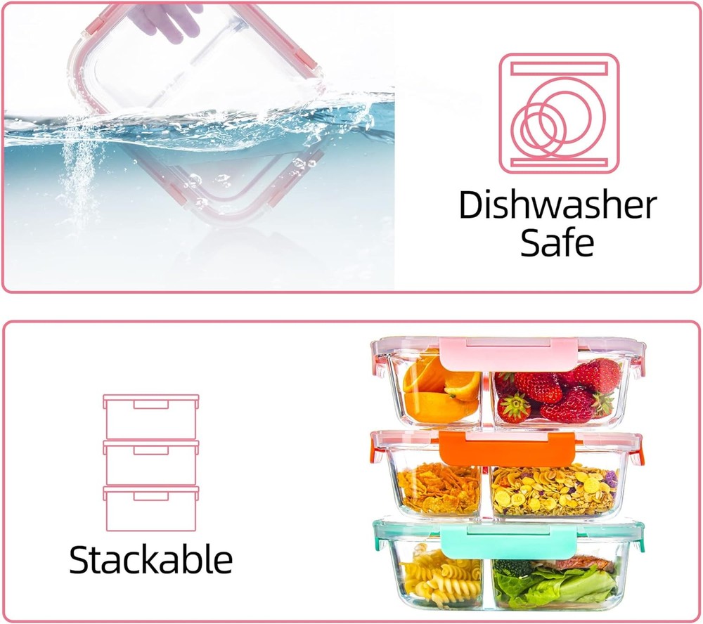 Glass Meal Prep Containers 2 Compartment with Lids (5 Mixed, 2