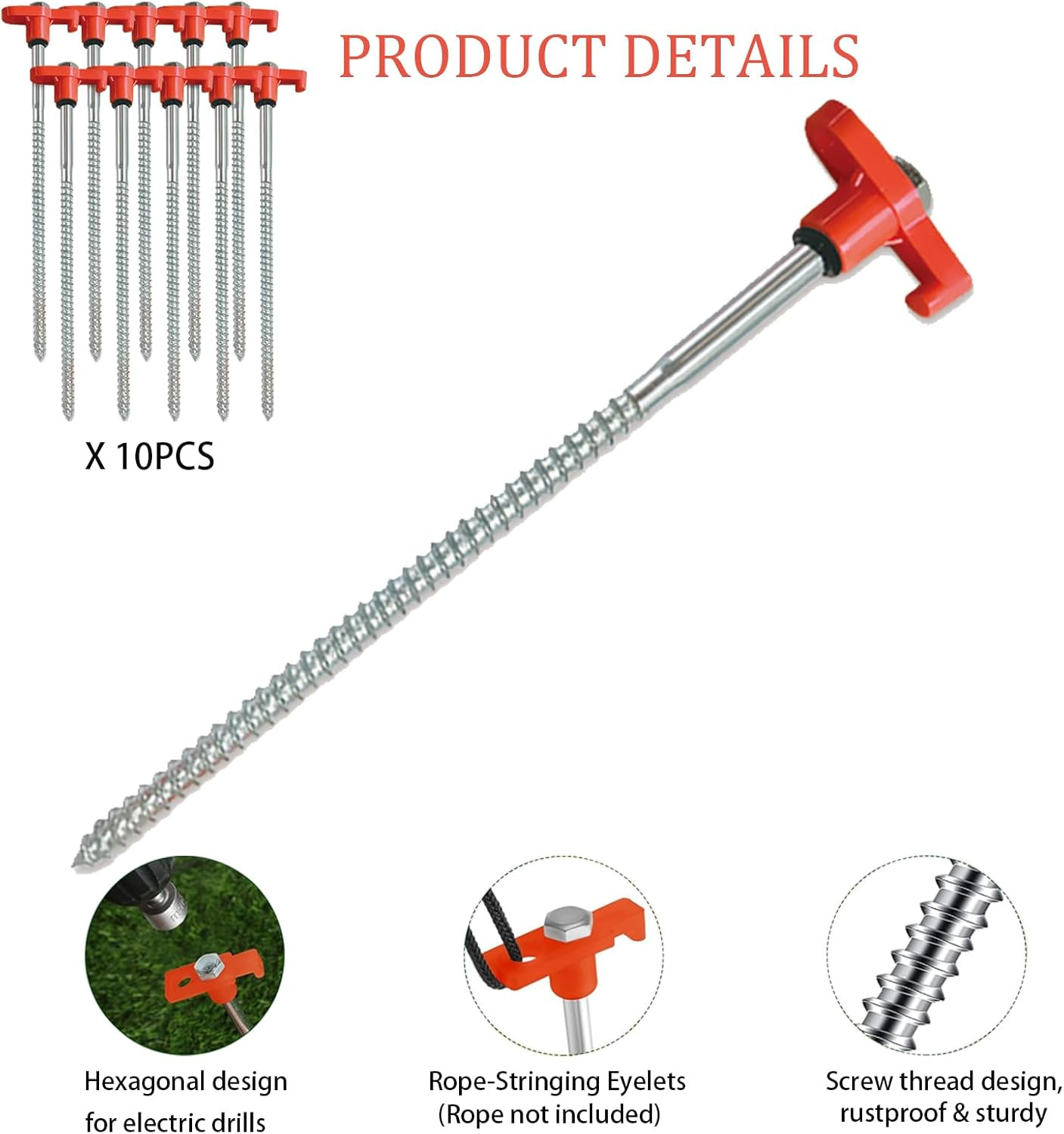 10-Pack 8" Heavy Duty Screw in Tent Stakes, Drill-In Non-Rust Ground Anchor Pegs