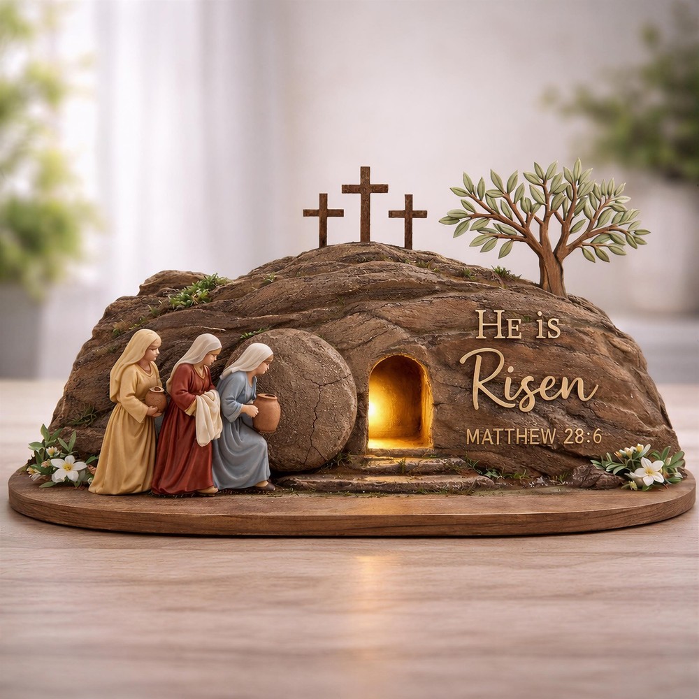 He Is Risen 4-Layer Wooden Easter Display – Empty Tomb Cross Decor