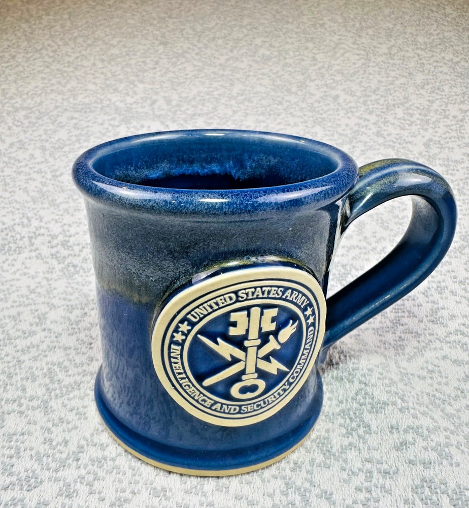 US Army INSCOM Intelligence & Security Command Grey Fox Pottery Mug Blue Glaze