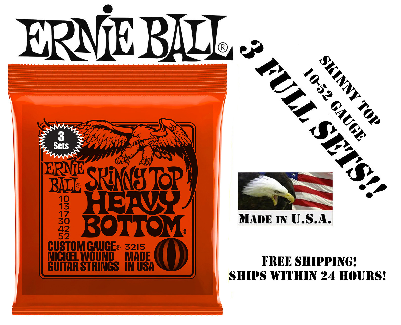 **3 SETS ERNIE BALL 2215 SKINNY TOP HEAVY BOTTOM ELECTRIC GUITAR STRINGS 10-52**