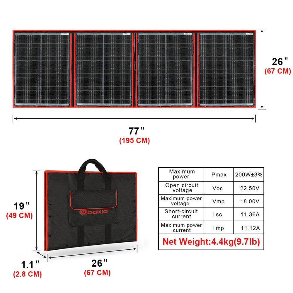 Dokio Portable 200W Solar Panel Kit Foldable Flexible for RV Camping Off Grid