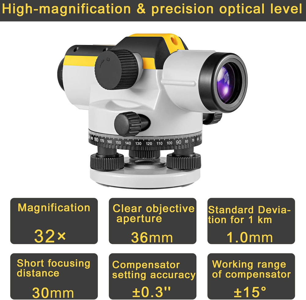 32X Automatic Optical Level Kit with Self-Leveling Magnetic Dampened Compensator