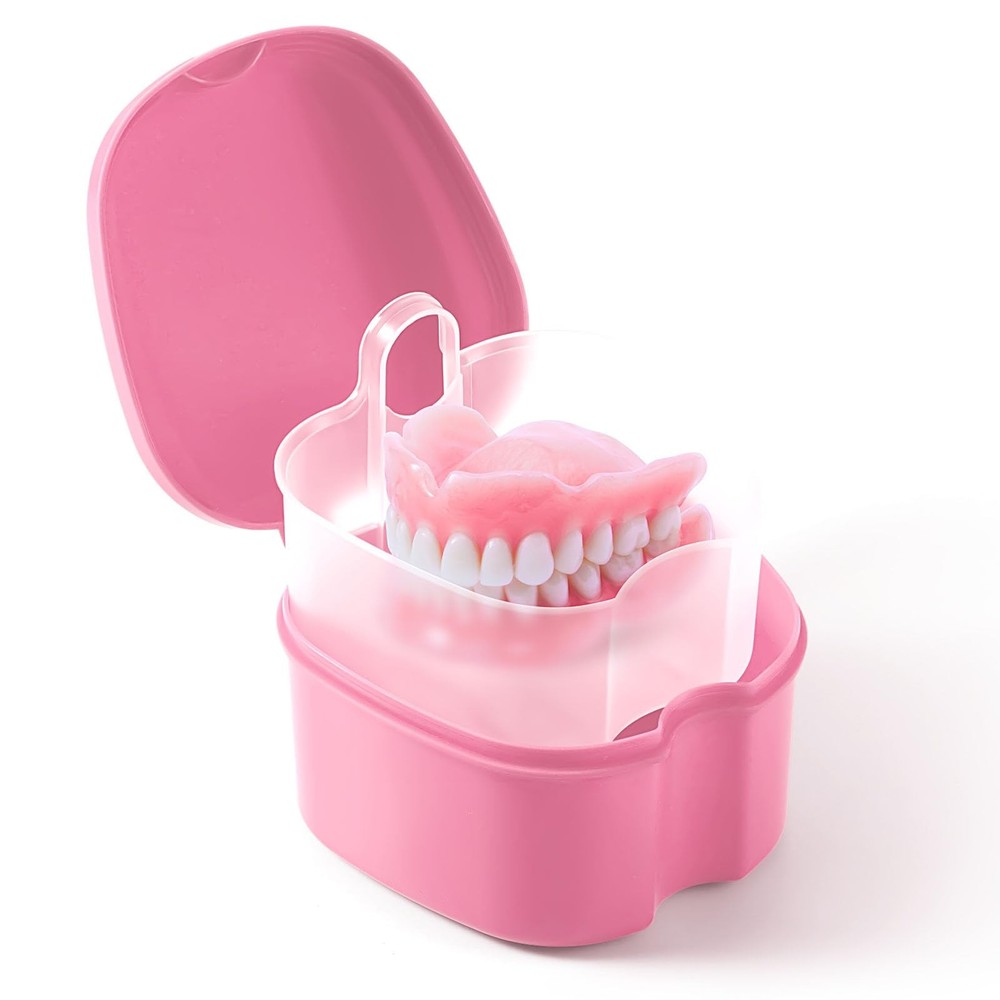 JMU Denture Bath Case, Cup for Soaking Dentures with Small, Pink