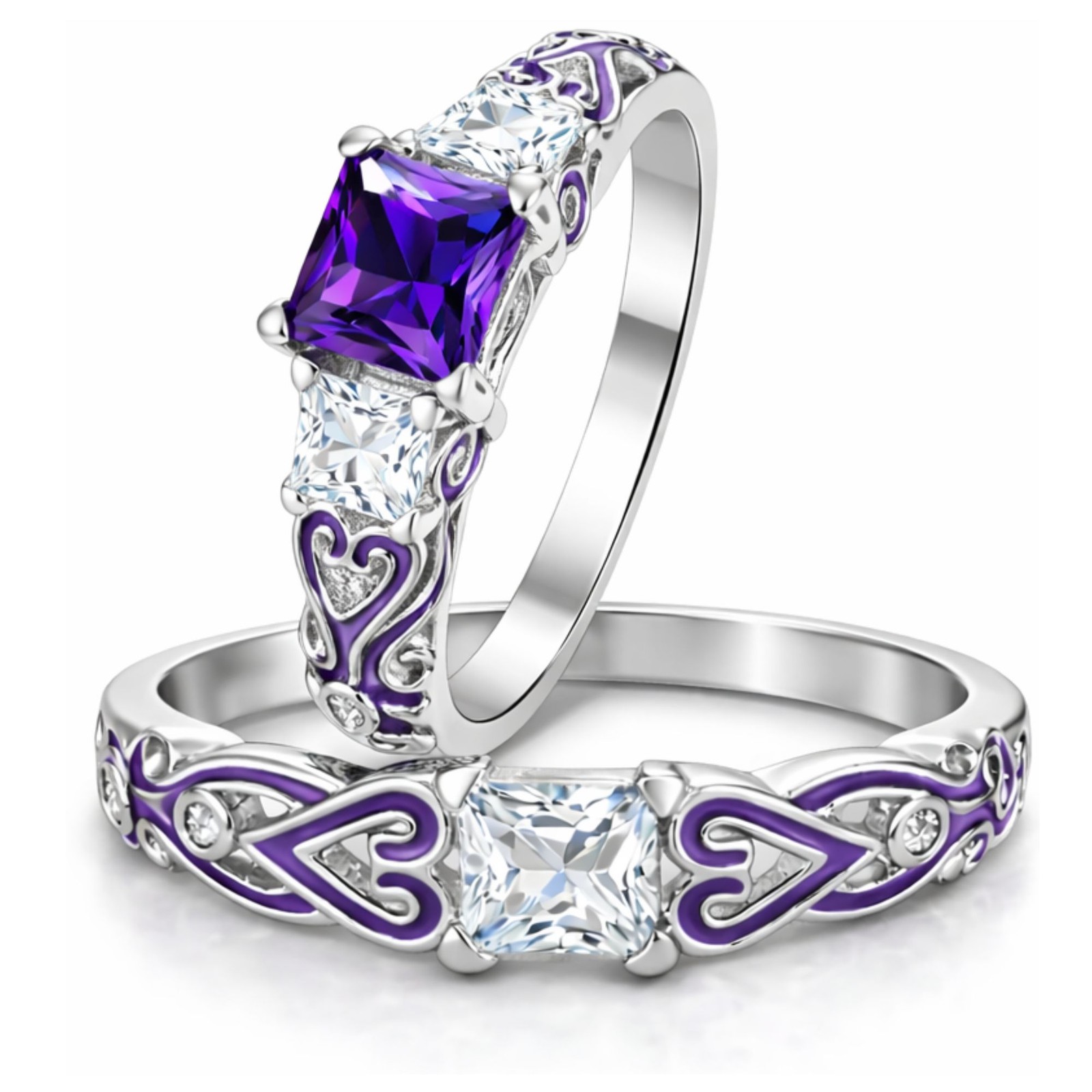 Cherri Purple Bridal Set Cz Princess Engagement Ring Women Ginger Lyne Collec...