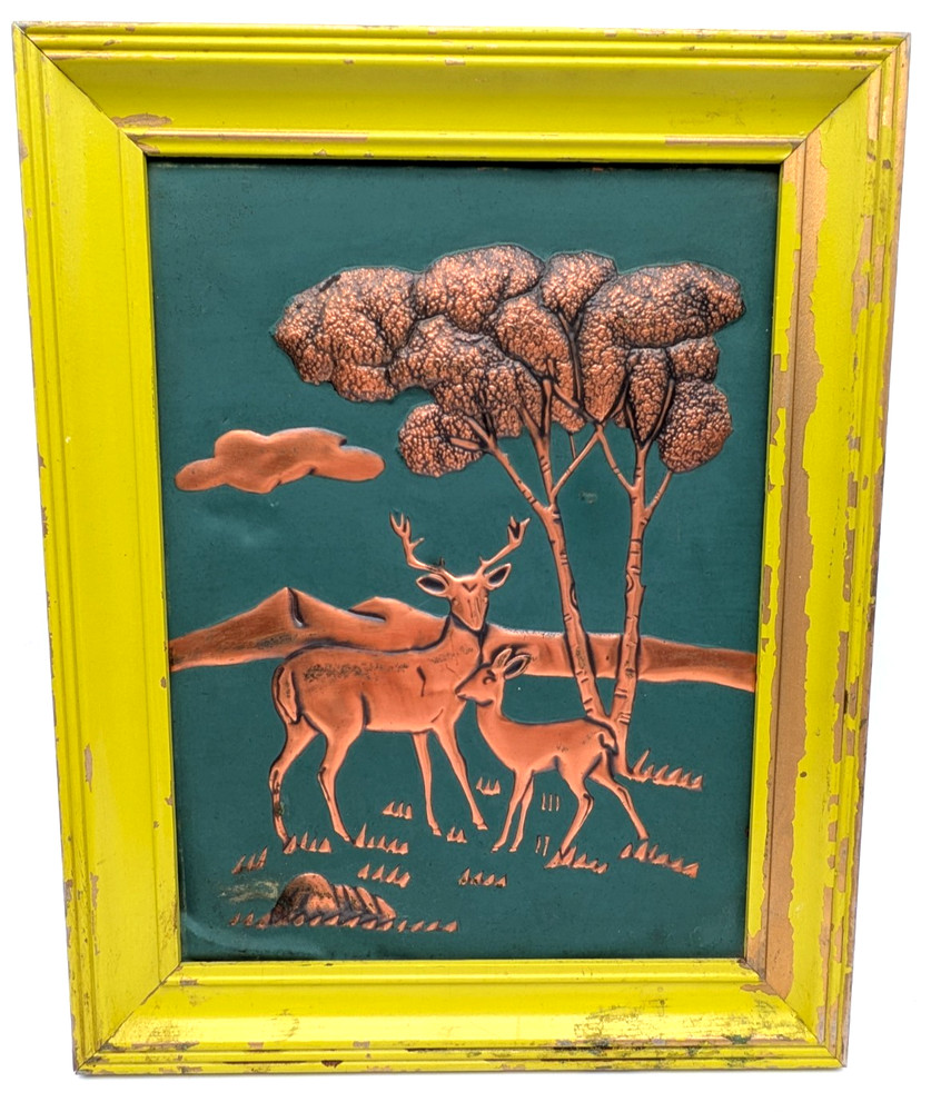 Vintage Hammered Copper Deer & Fawn Framed Artwork Rustic Chippy Frame