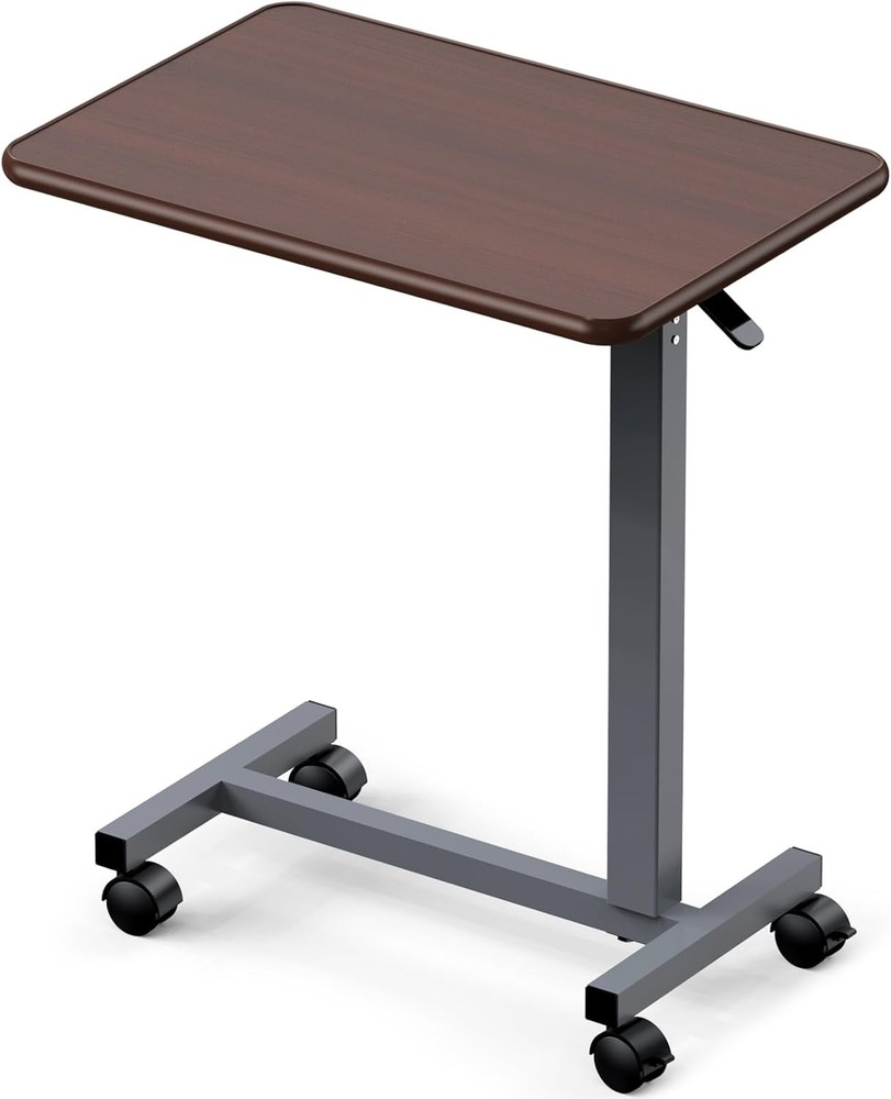 Adjustable Overbed Table with Wheels, Bedside Rolling Table, Pneumatic Height Ad