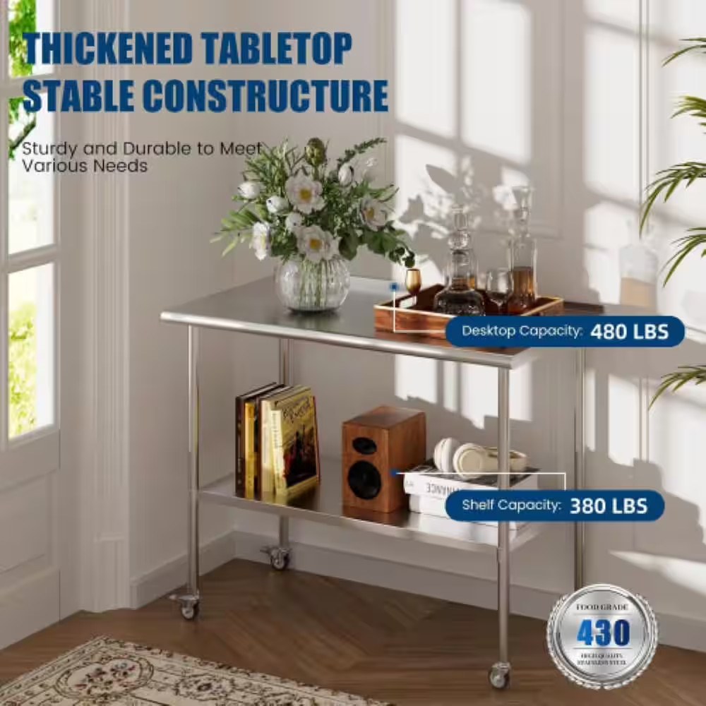 Stainless Steel 48 In. Adjustable Kitchen Prep Table with Wheels, Backsplash, Sh