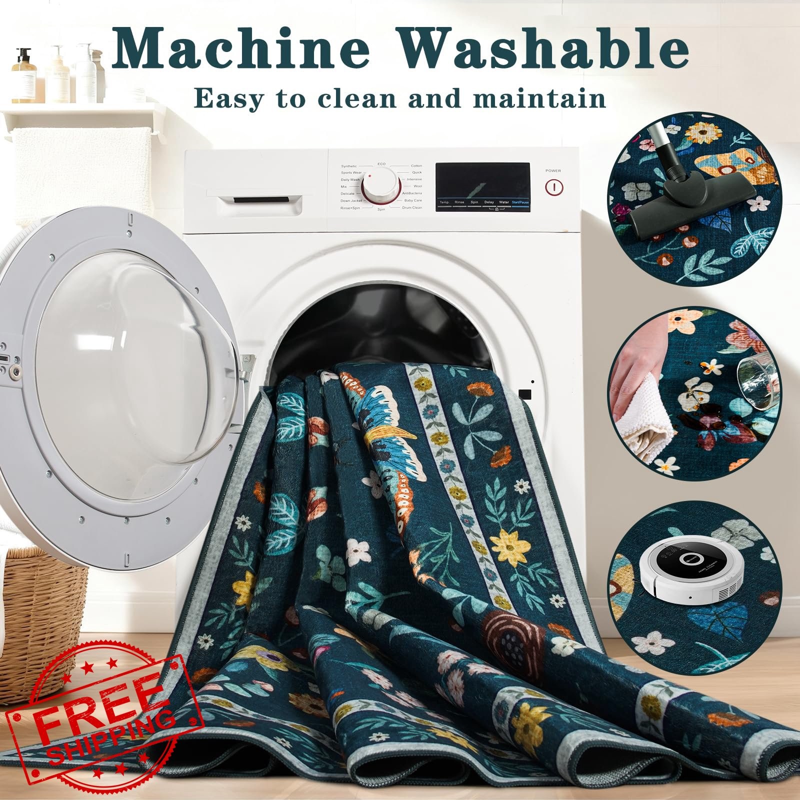 Iplusmall 8x10 Washable Rug Teal Green Floral Butterfly