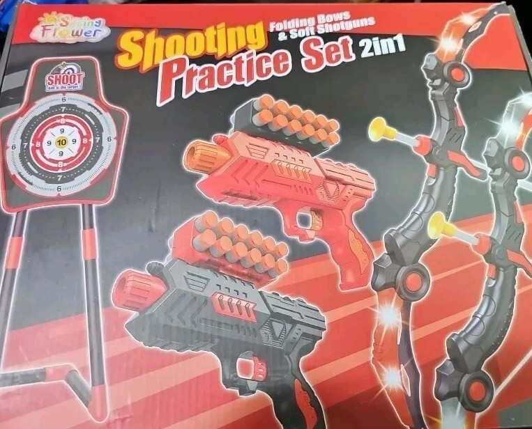 NIB Shooting Practice Set 2 In 1 Folding Bows & Soft Shotguns