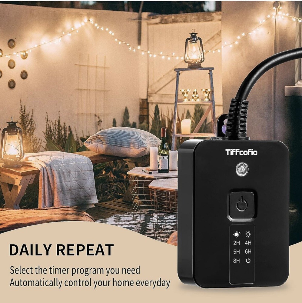 Outdoor Light Sensor Timer Outlet, 100ft Range Remote Control, Weatherproof