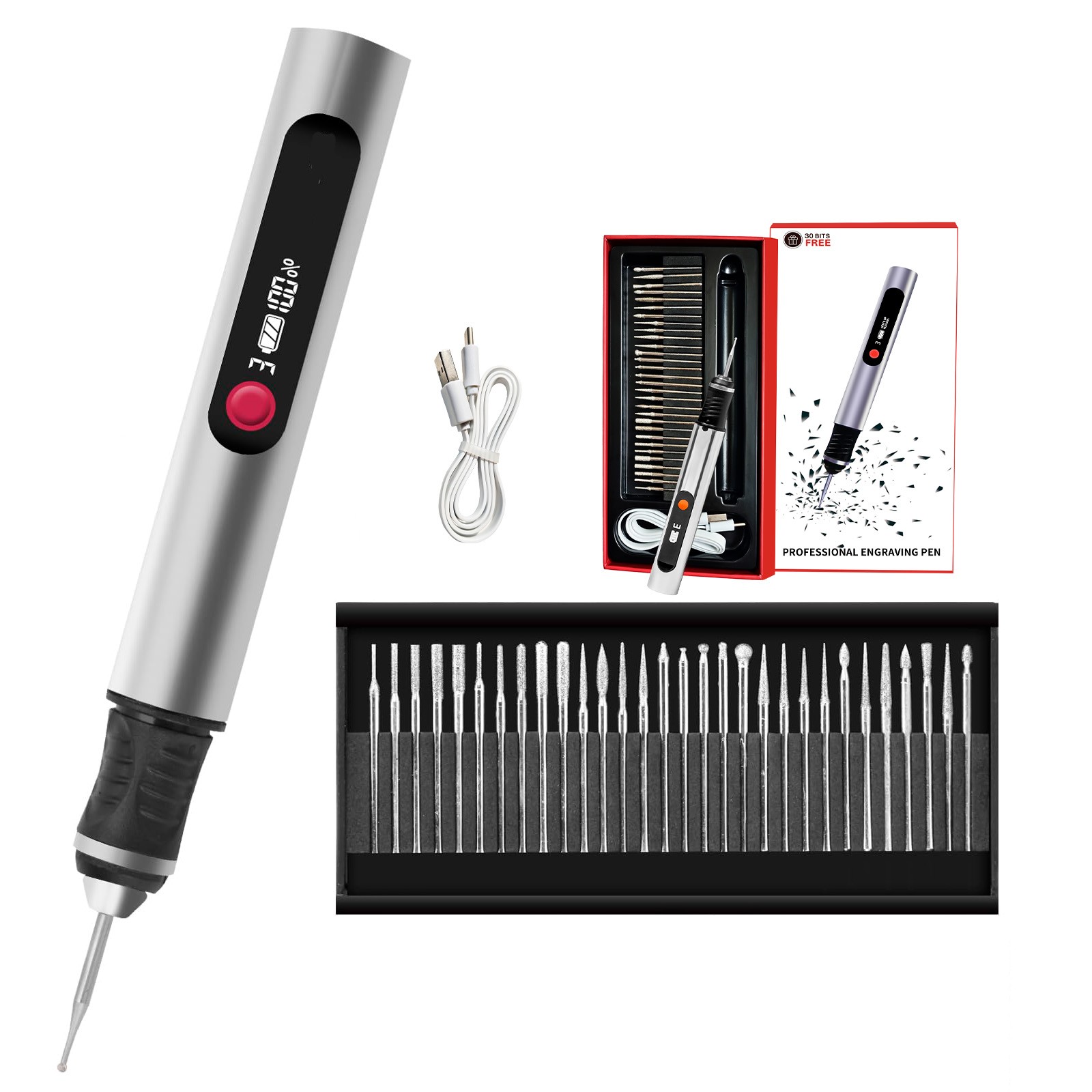 USB Rechargable Engraving Pen with 30 Bits Mini Electric DIY Engraver Cordless