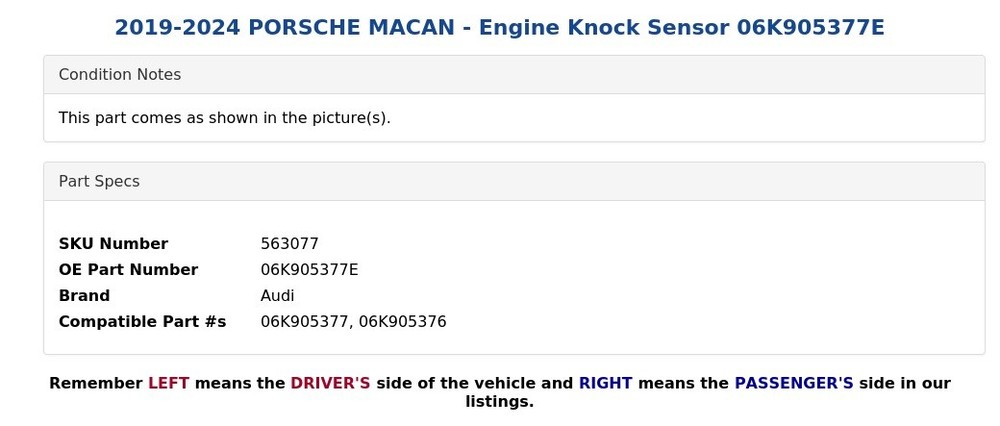 2019-2024 PORSCHE MACAN - Engine Knock Sensor 06K905377E