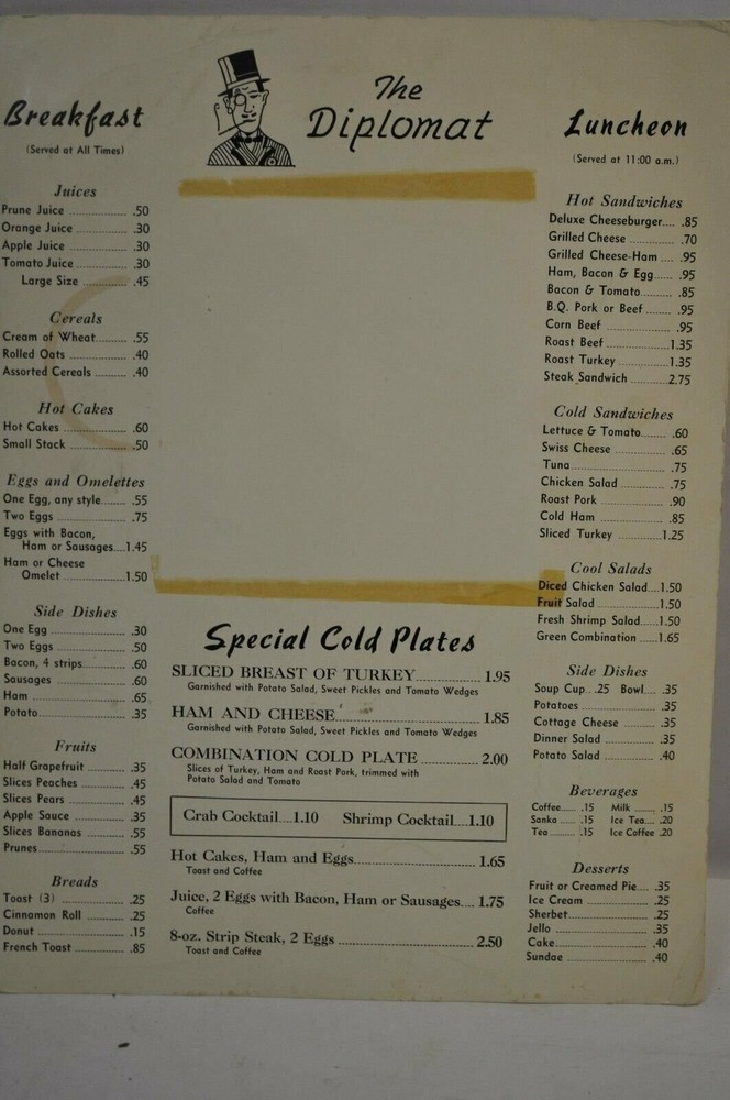 Vintage The Diplomat Restaurant Menu 1960's