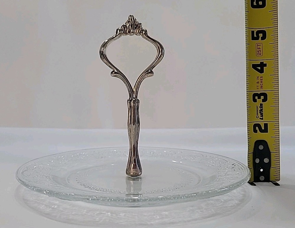 VTG Crystal Glass Appetizer Plate Silver Plated Handle Dessert Server 7" Tray