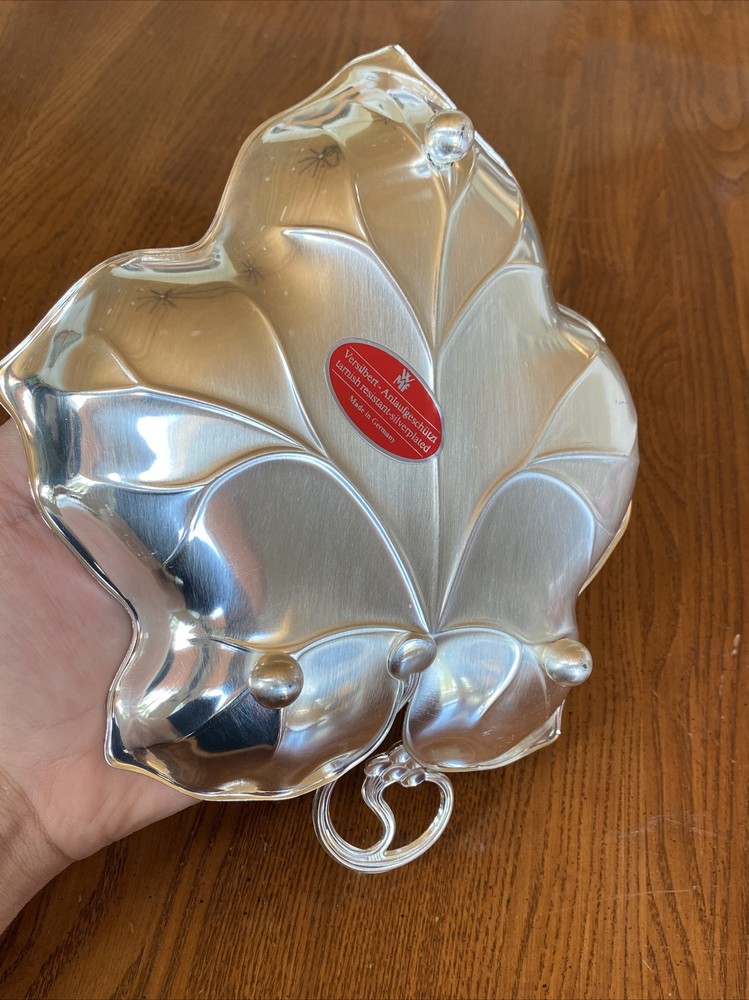 WMF Germany EP BRASS Brushed SilverPlate Footed Grapes 🍇 Handled Leaf Vein Dish